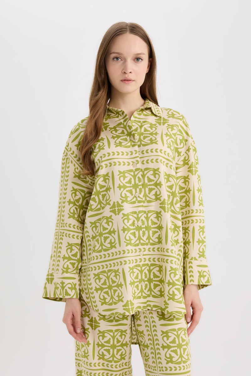 DeFacto Green Woman Relax Fit Printed Linen Blend Long Sleeve Tunic Casual - Image 3